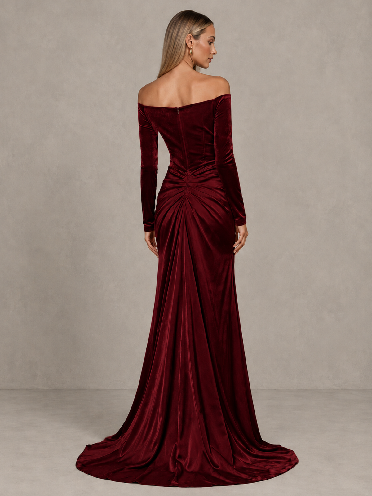 BOLODOO Burgundy Off-Shoulder Velvet Evening Gown with High Slit - Burgundy - Burgundy_2