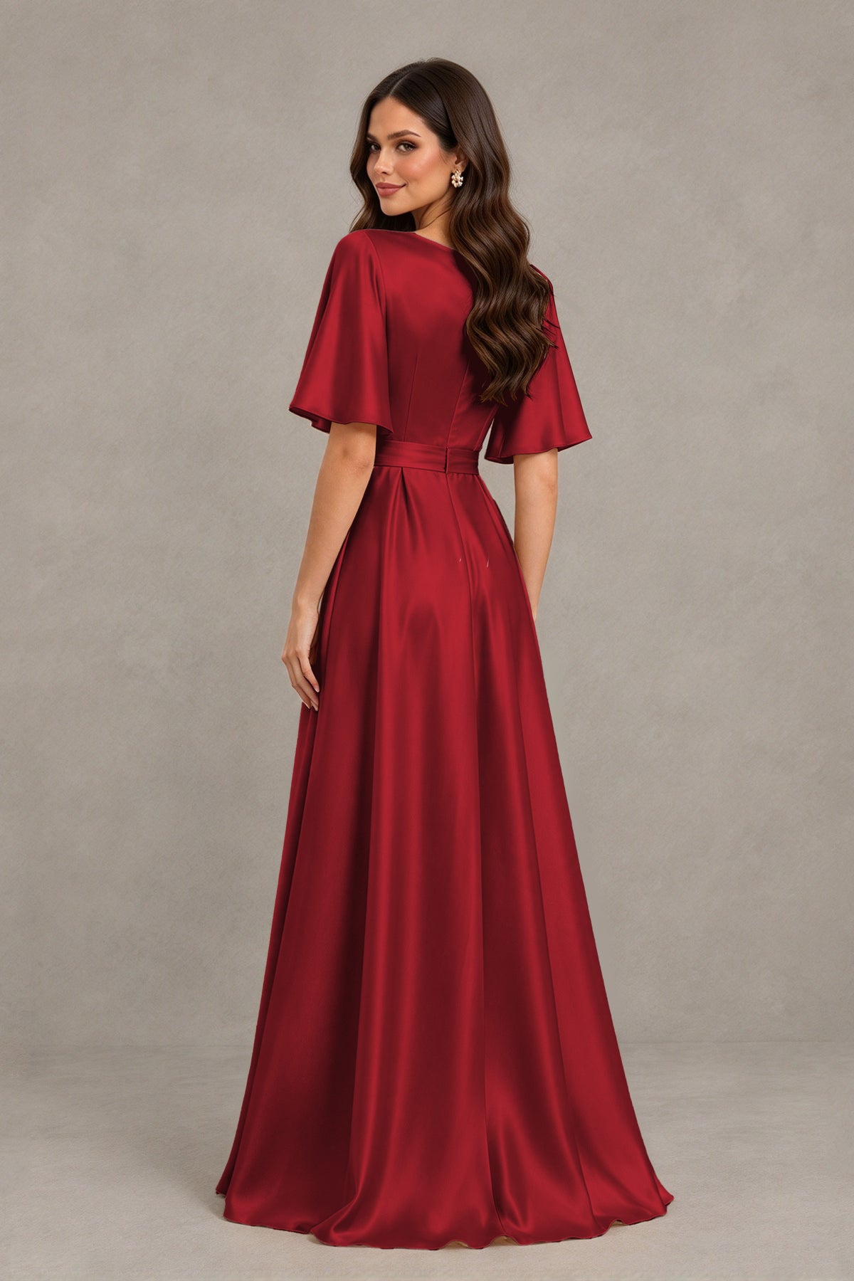 BOLODOO Burgundy Satin V-Neck Flutter Sleeve Bridesmaid Dress with Slit - Burgundy - Burgundy(2)