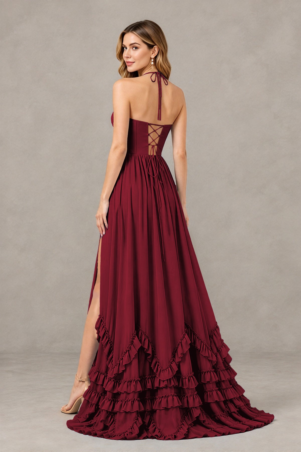BOLODOO Burgundy Halter Ruffle Hem A-Line Bridesmaid Dress with High Slit - Burgundy - Burgundy(2)