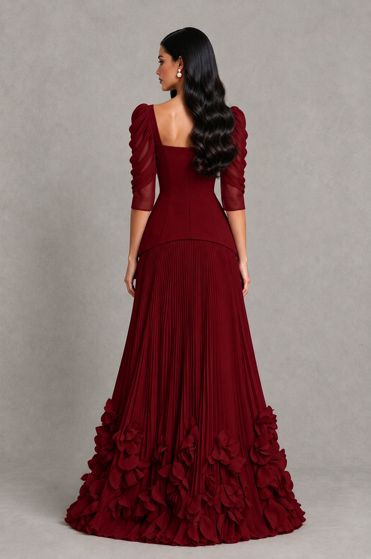 BOLODOO Burgundy Square Neck Pleated Floral Applique Evening Dress - Burgundy - Burgundy_2