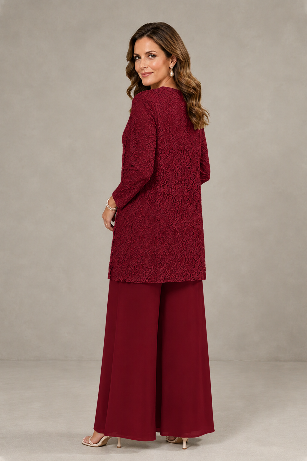 BOLODOO Burgundy 3-Piece Lace Chiffon Pantsuit – Mother of the Bride Wedding Guest with Jacket - Burgundy