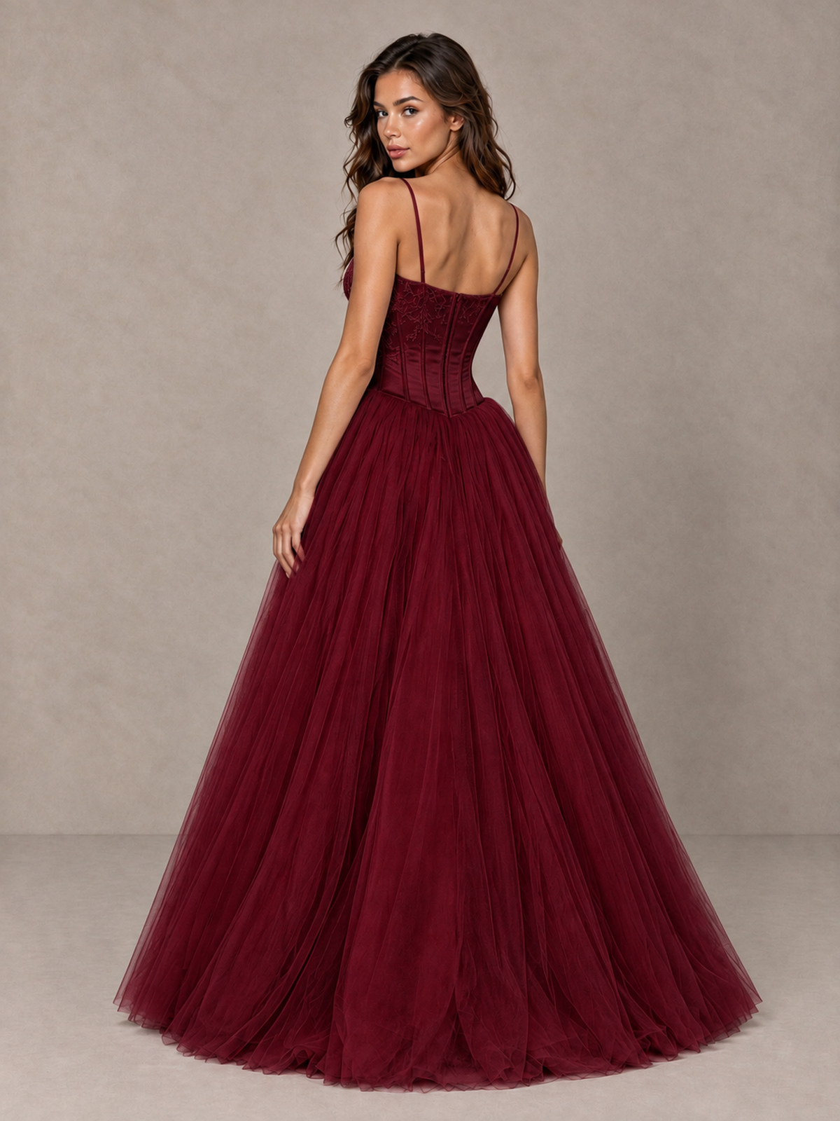 BOLODOO Burgundy Corset Tulle Prom Dress with Spaghetti Straps - Burgundy - Burgundy_2