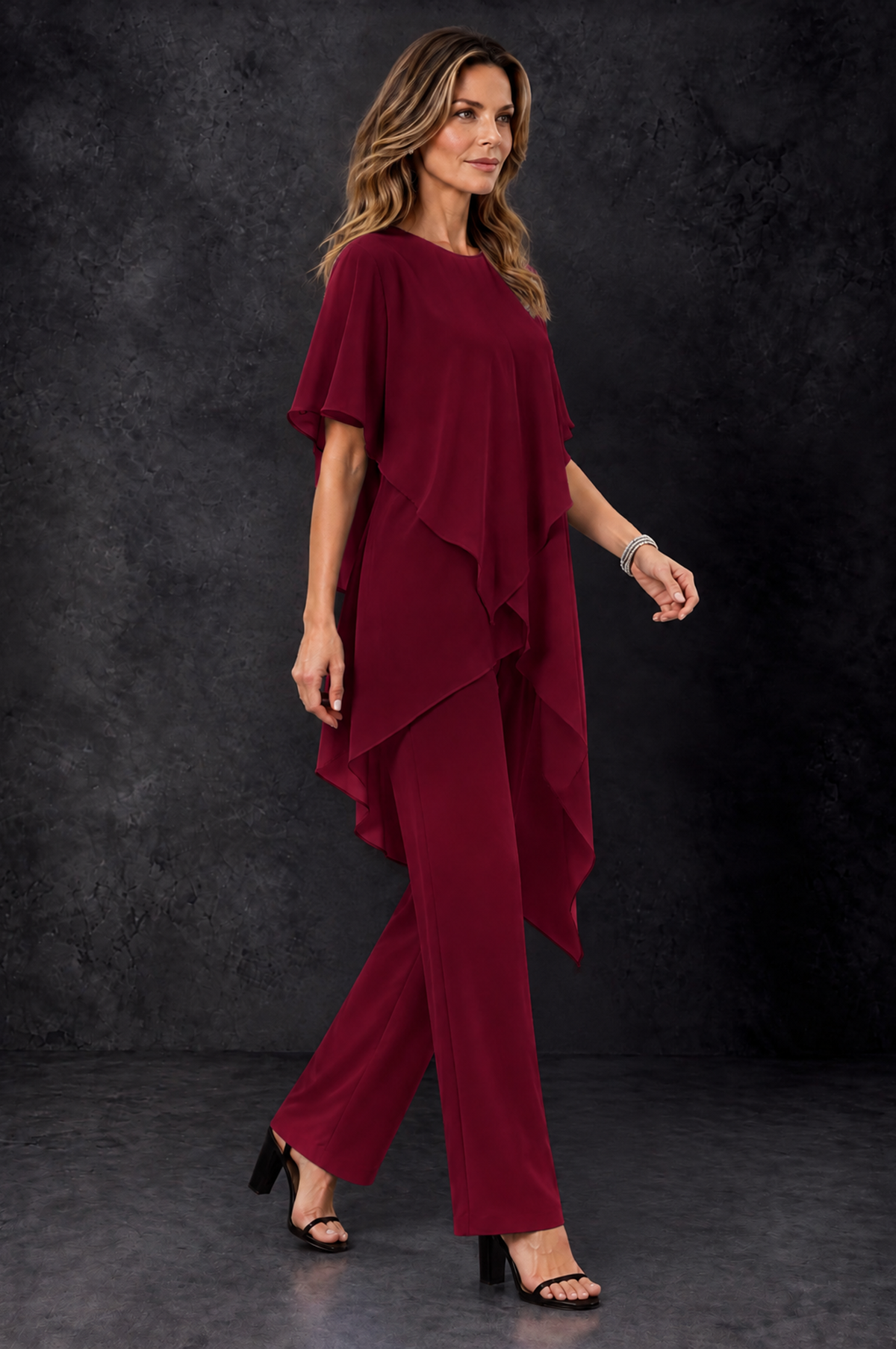 BOLODOO Burgundy Chiffon Two Piece Mother of the Bride Pant Suit - Burgundy - Burgundy_2