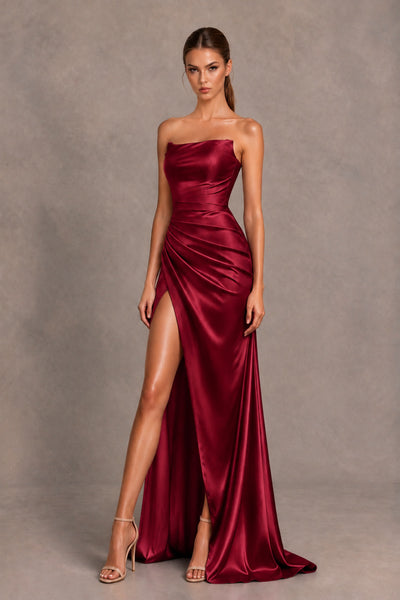 BOLODOO Burgundy Strapless Ruched Satin-Look Evening Dress with High Slit - Burgundy - Burgundy_2
