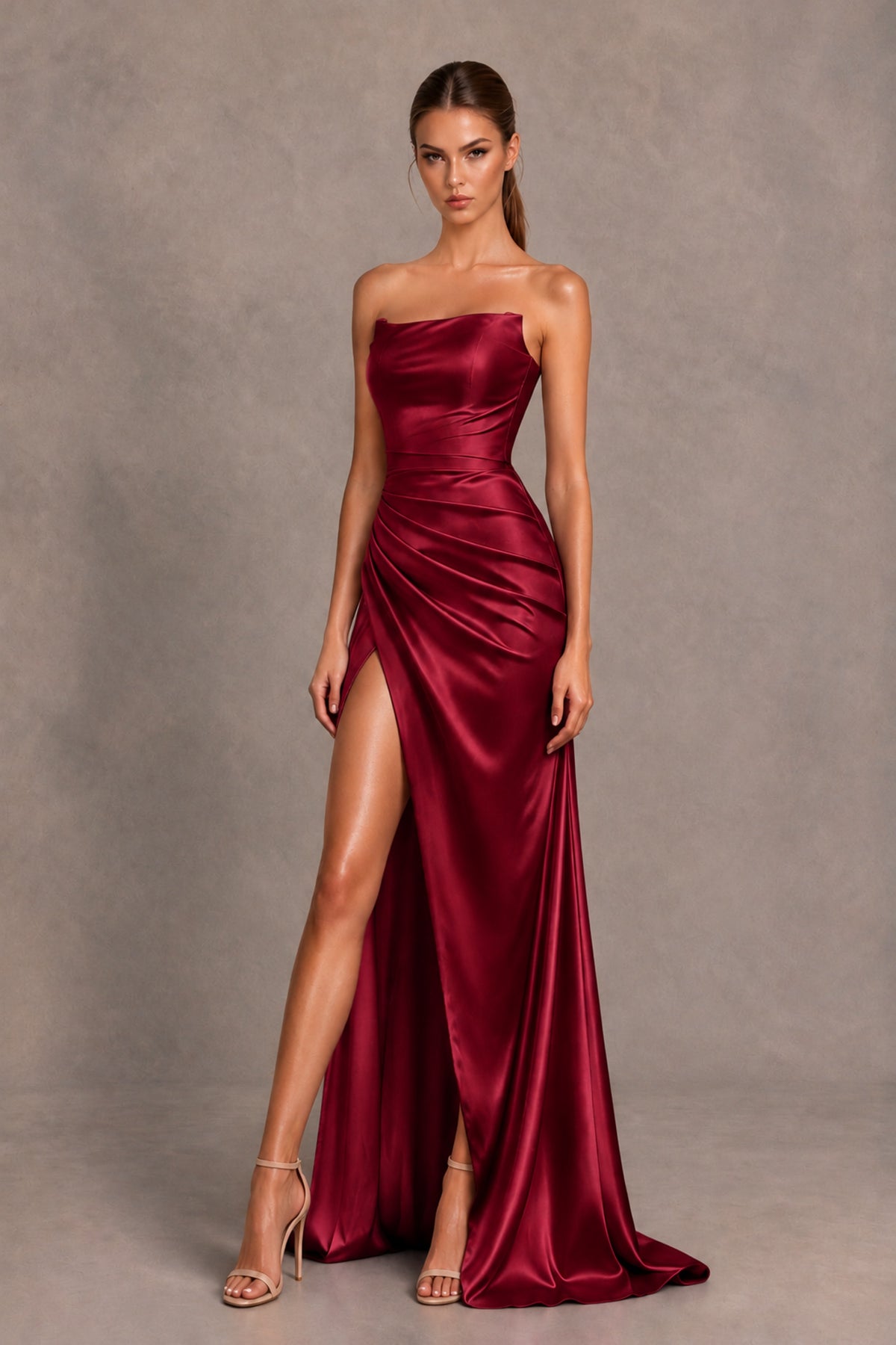 BOLODOO Burgundy Strapless Ruched Satin-Look Evening Dress with High Slit - Burgundy - Burgundy_2