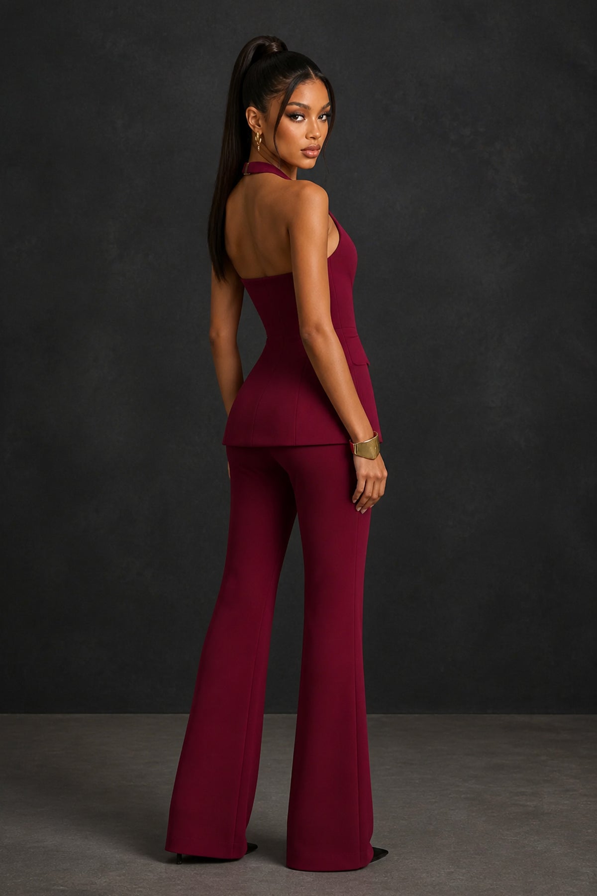 BOLODOO Burgundy Halter Neck Deep V Open Back– Formal Suit with Wide-Leg Pants - Burgundy