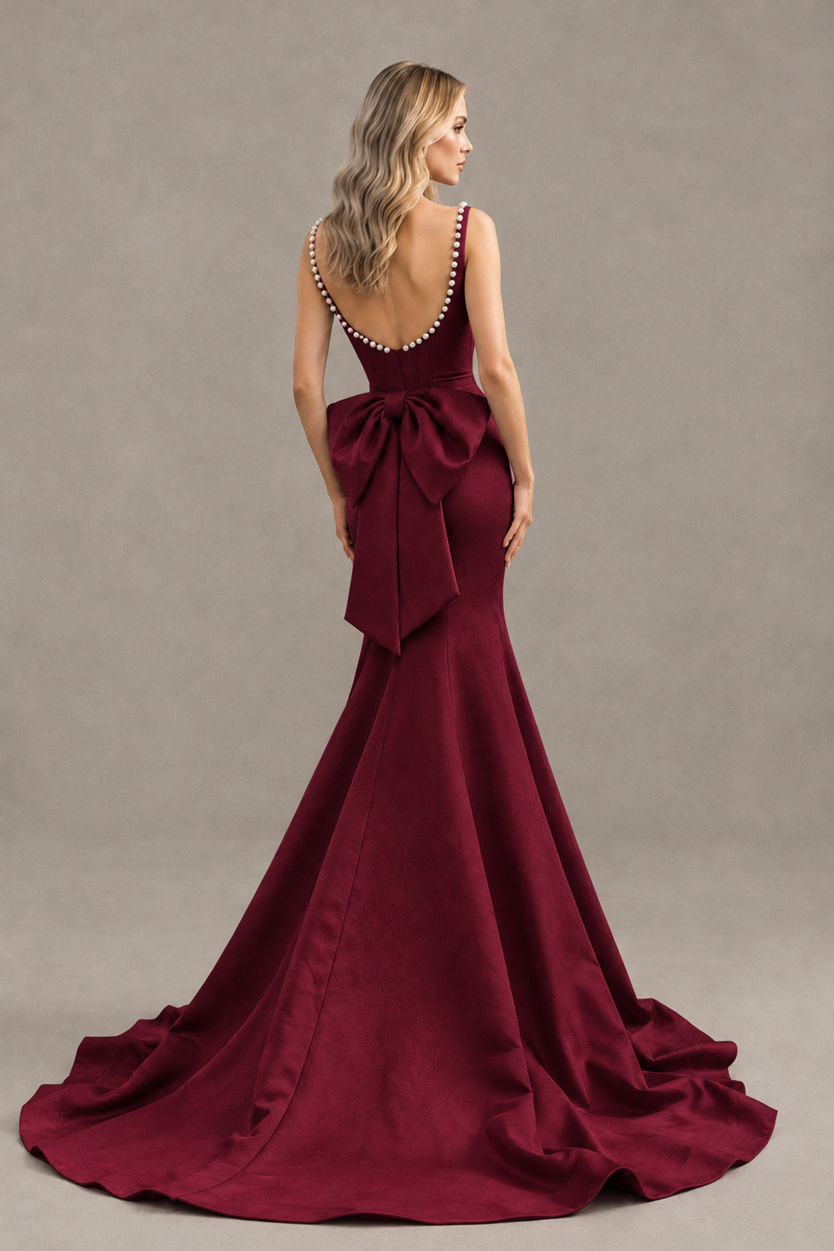 BOLODOO Burgundy Pearl-Trim Mermaid Prom Dress with Back Bow - Burgundy - Burgundy_2