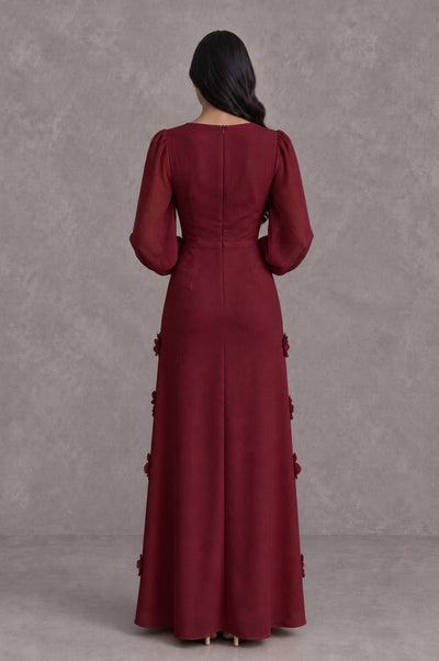BOLODOO Burgundy Long Sleeve Floral Applique A-Line Evening Dress - Burgundy - Burgundy_2