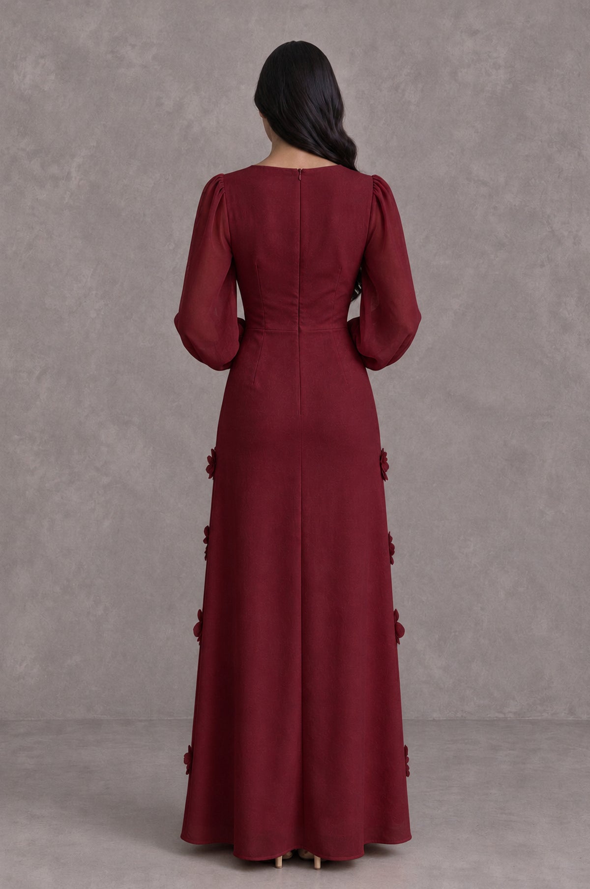BOLODOO Burgundy Long Sleeve Floral Applique A-Line Evening Dress - Burgundy - Burgundy_2