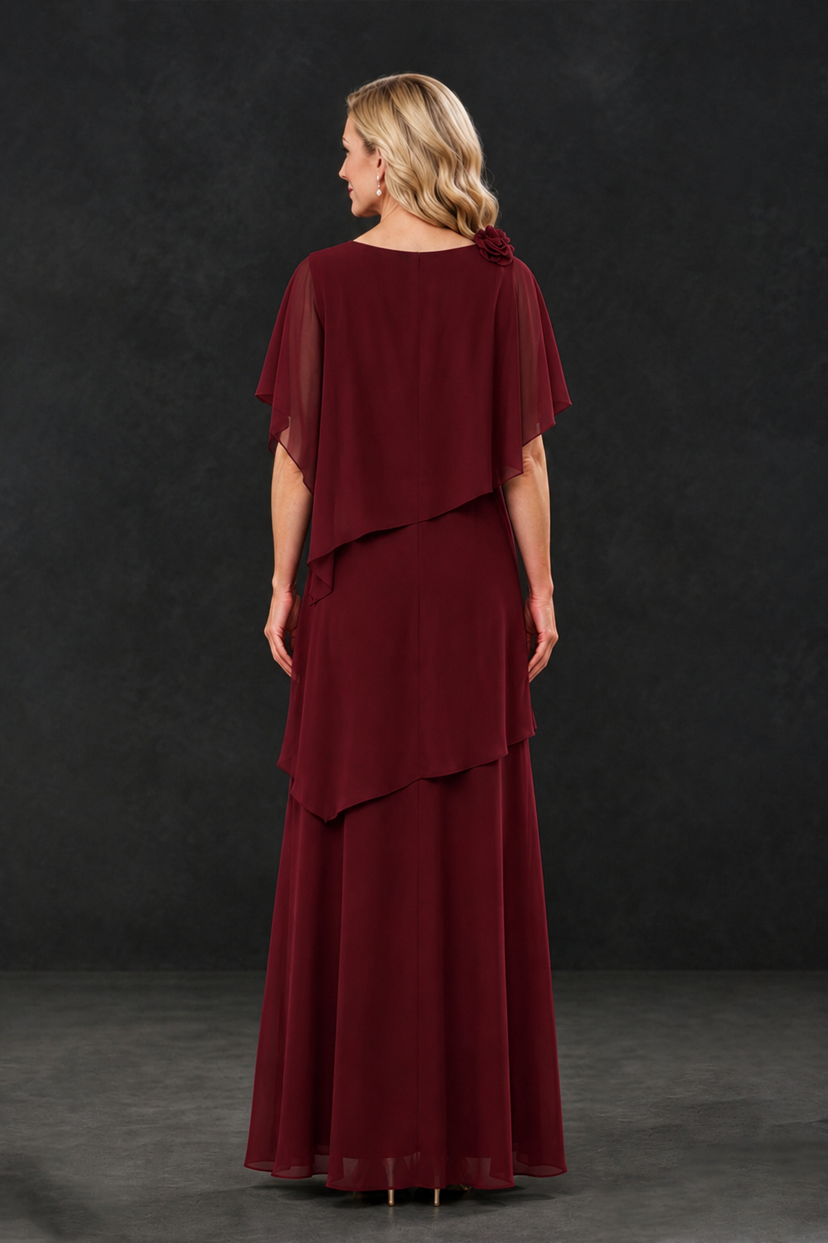 BOLODOO Burgundy Tiered Flutter Sleeve Mother of the Bride Maxi Dress - Burgundy - Burgundy_2