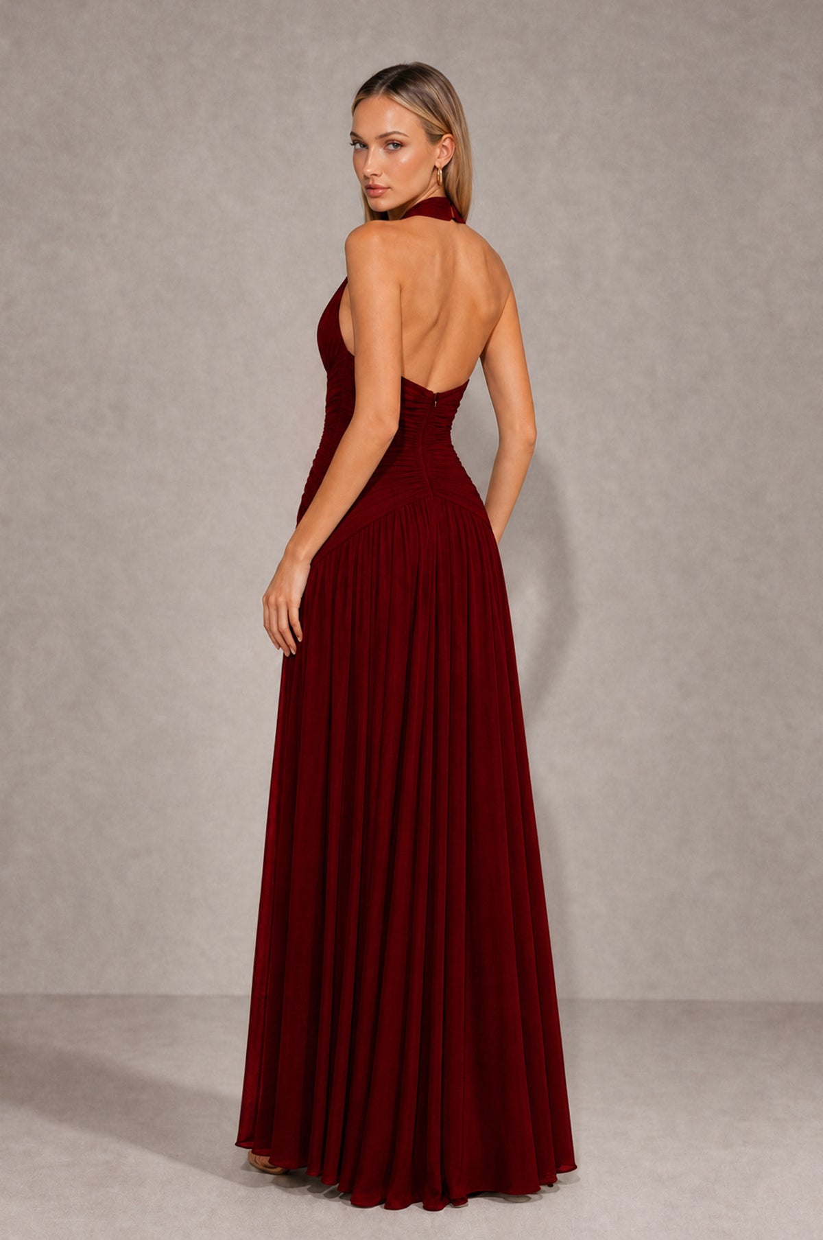 BOLODOO Burgundy Chiffon Halter Deep V-Neck Ruched A-Line Backless Maxi Dress with Train-BD0167 - Burgundy - Burgundy_2