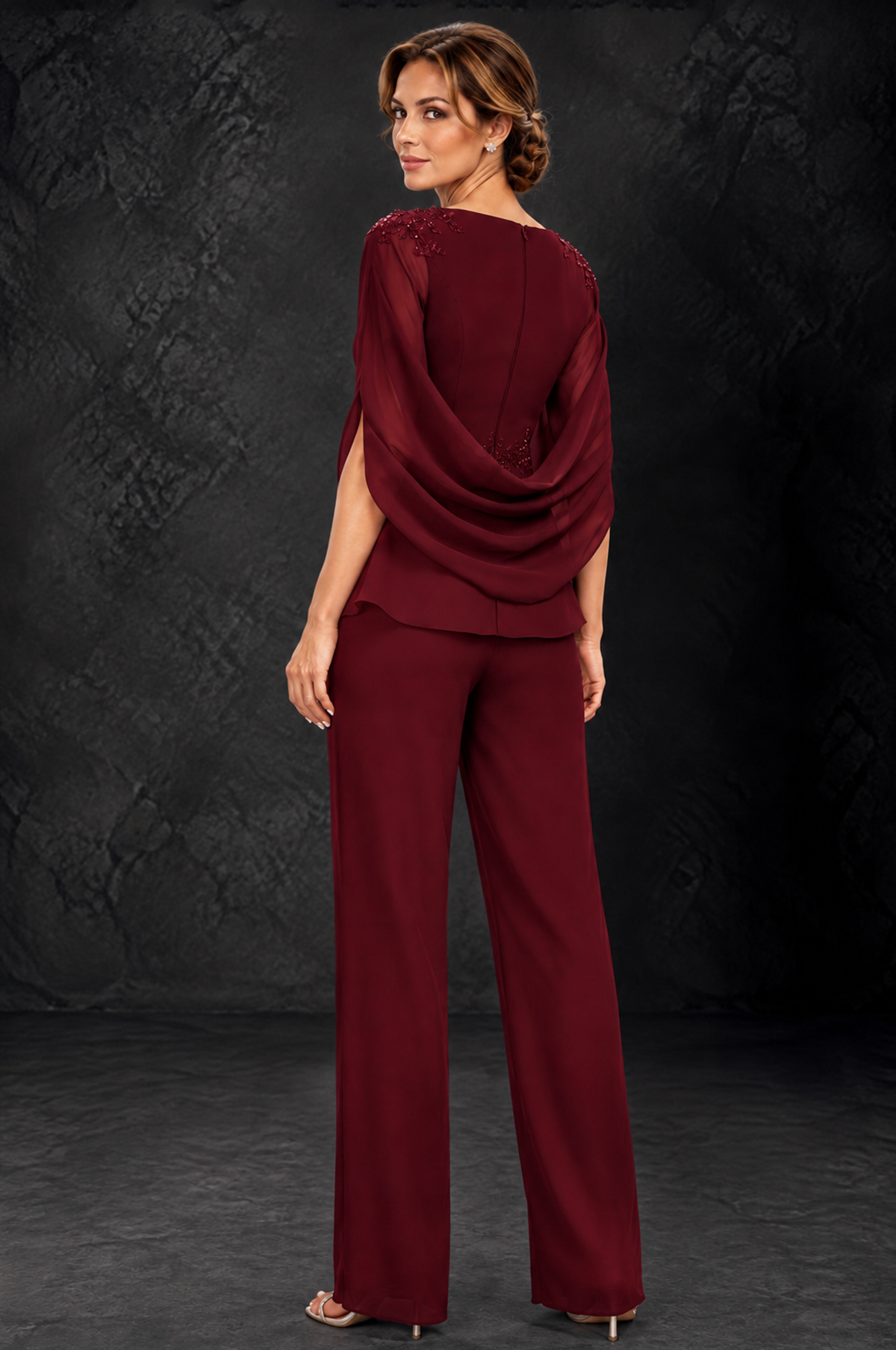 BOLODOO Burgundy Embellished Cape Sleeve Mother of the Bride Pantsuit - Burgundy - Burgundy_2