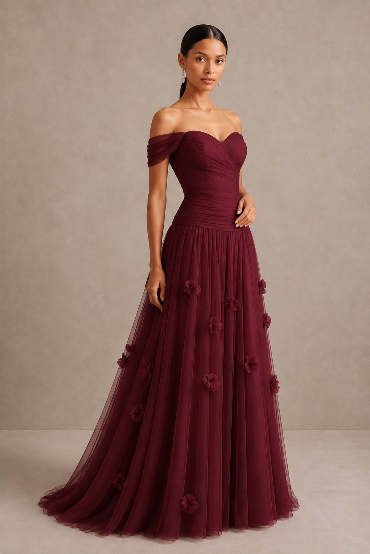 Burgundy Off-Shoulder Sweetheart A-Line Tulle Gown with 3D Floral Appliques | BOLODOO - Burgundy