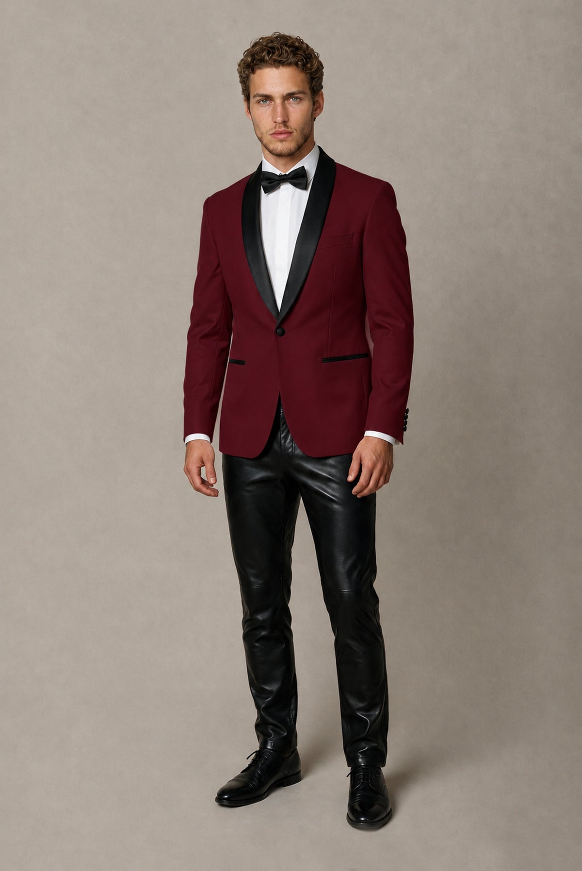 BOLODOO Men's Burgundy Tuxedo Blazer | Black Shawl Lapel Single-Breasted Formal Jacket - Burgundy