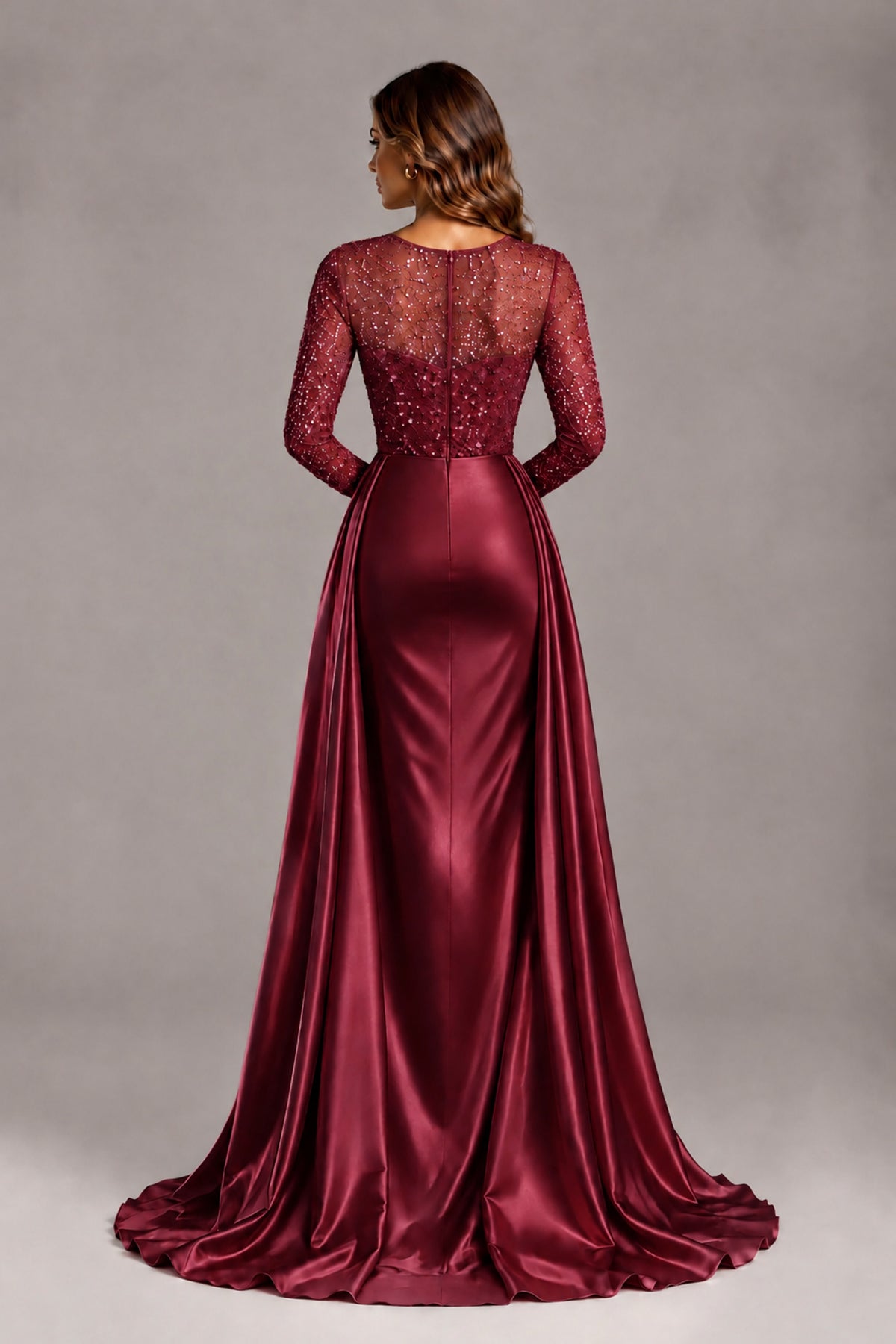 BOLODOO Burgundy Long Sleeve Embellished Satin Evening Gown with Sweep Train - Burgundy - Burgundy_2