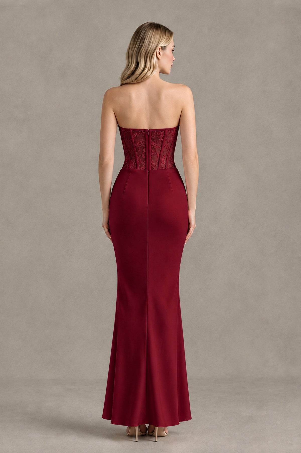 BOLODOO Burgundy Strapless Lace Corset Wedding Guest Dress - Burgundy - Burgundy_2