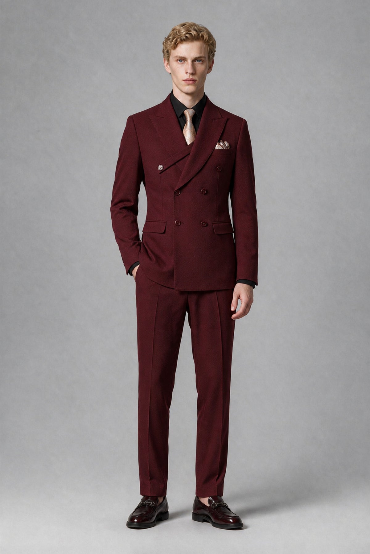 BOLODOO Men's Burgundy Double-Breasted Two-Piece Suit – Jacket & Trousers - Burgundy