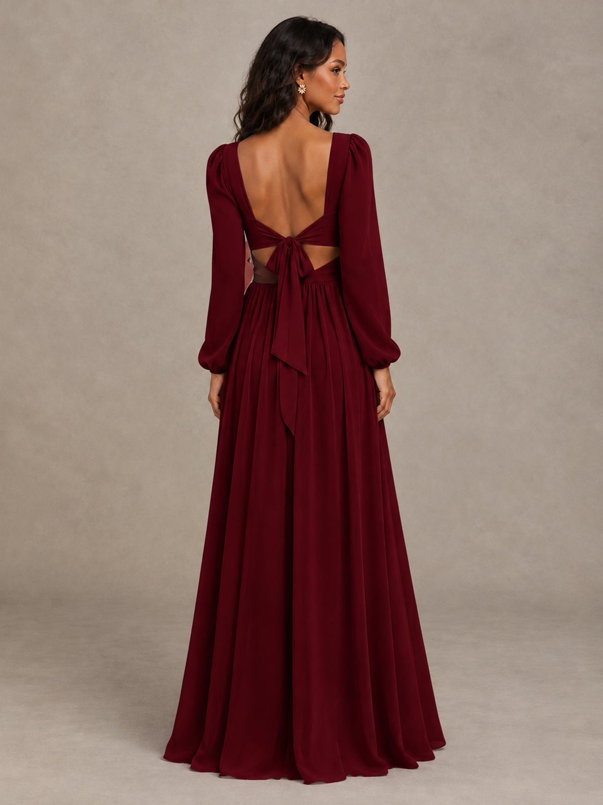 BOLODOO Burgundy V-Neck Long Sleeve Bridesmaid Dress with Tie Back and Slit - Burgundy - Burgundy_2
