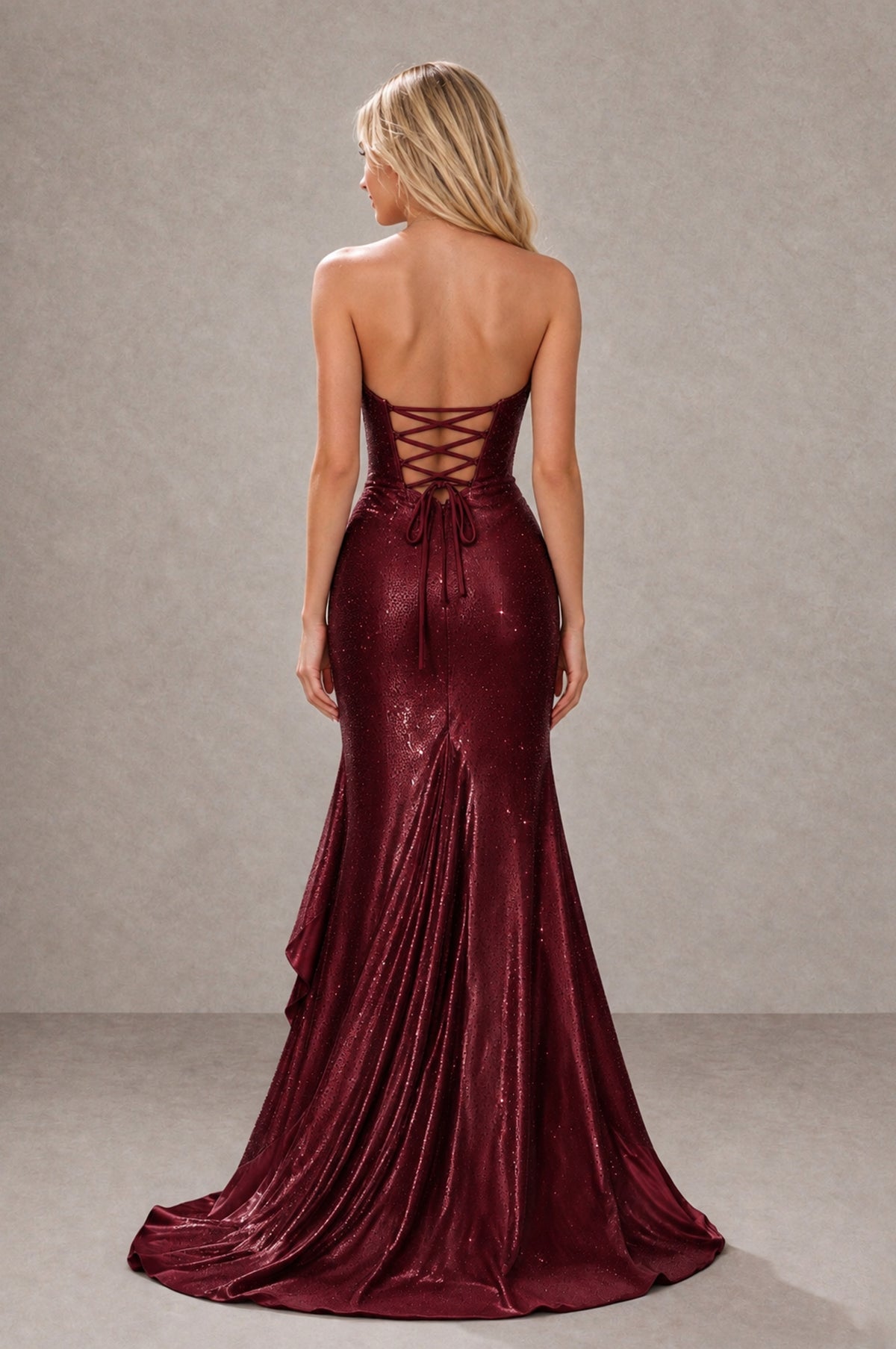 BOLODOO Burgundy Strapless Corset Mermaid Prom Dress with Ruffle Slit - Burgundy - Burgundy_2