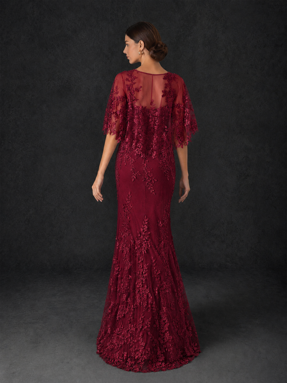 BOLODOO Mocha Burgundy Botanical Lace Flutter Sleeve Mermaid Gown - Burgundy