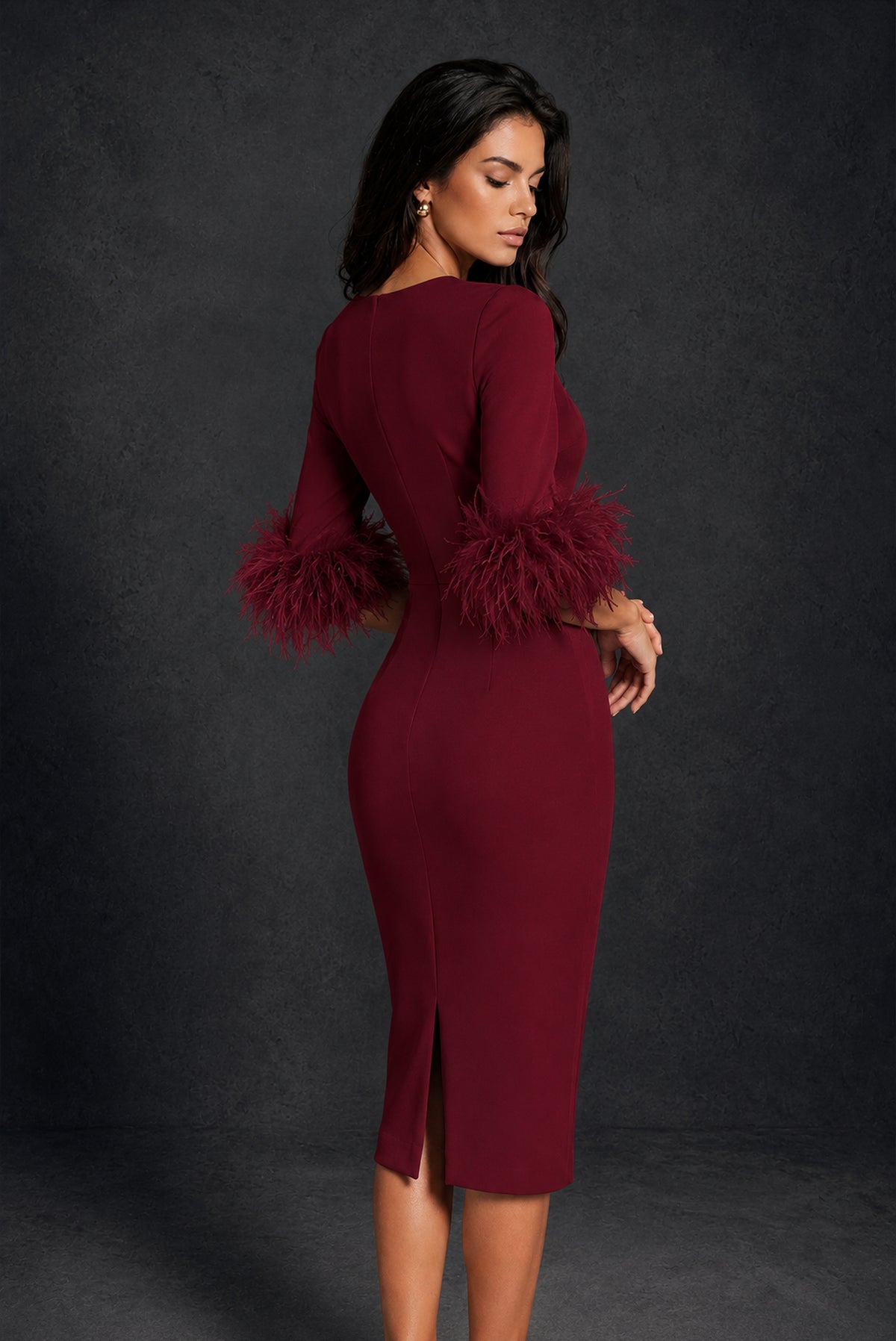 BOLODOO Burgundy Ostrich Feather Cuff 3/4 Sleeve Round Neck Bodycon Midi Dress with Back Slit - Burgundy