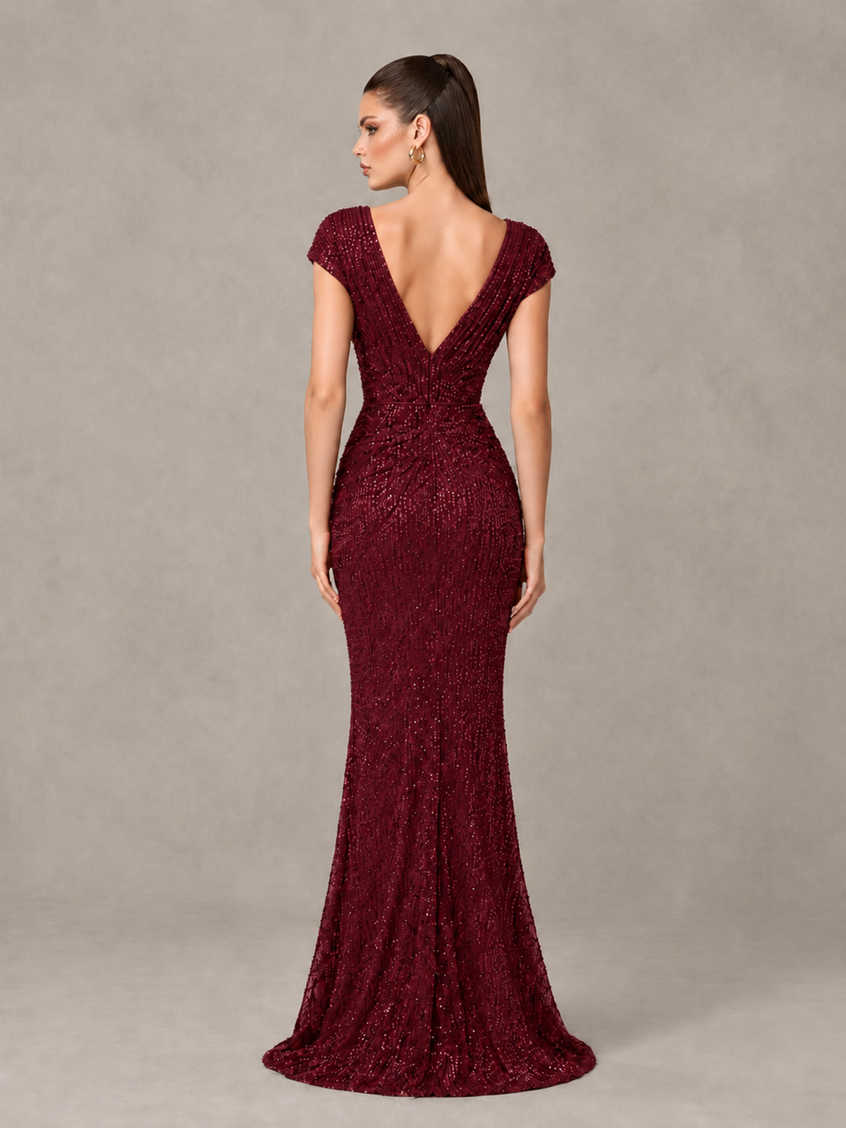 BOLODOO Burgundy Glitter V-Neck Cap Sleeve Ruched Mermaid Evening Gown - Burgundy - Burgundy_2