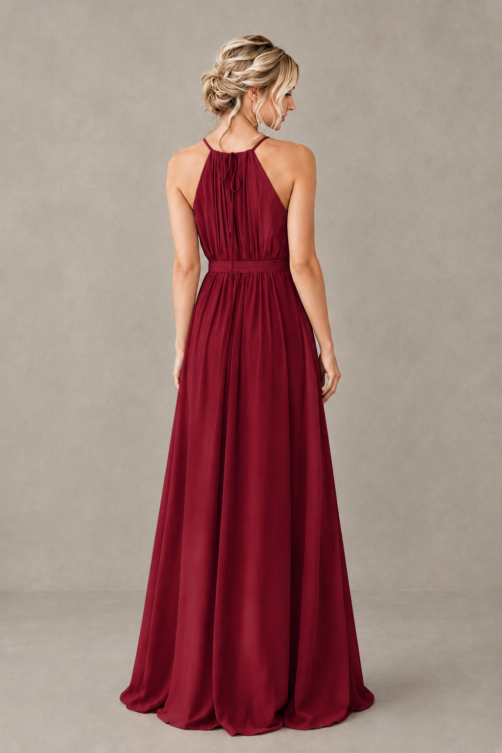 BOLODOO Burgundy Halter Chiffon Bridesmaid Dress with High Slit - Burgundy