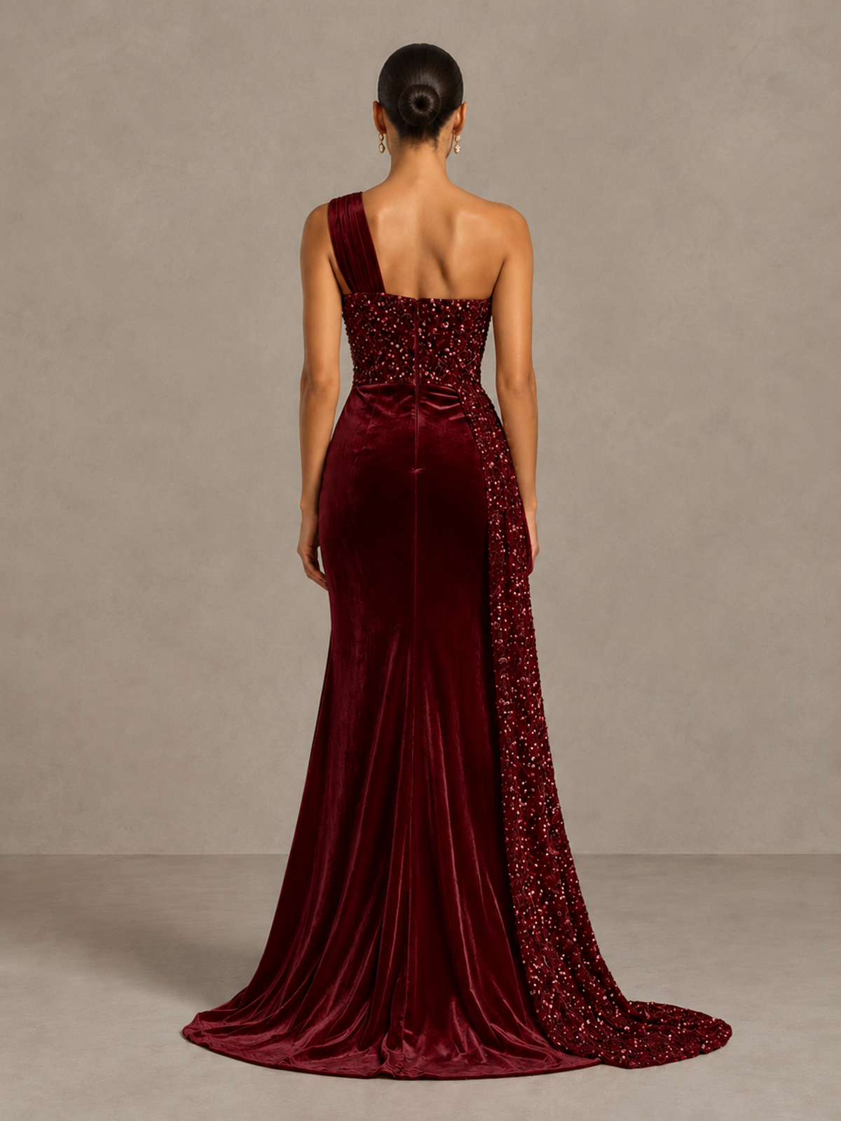 BOLODOO Burgundy One-Shoulder Satin Sequin Gown with High Slit - Burgundy - Burgundy_2