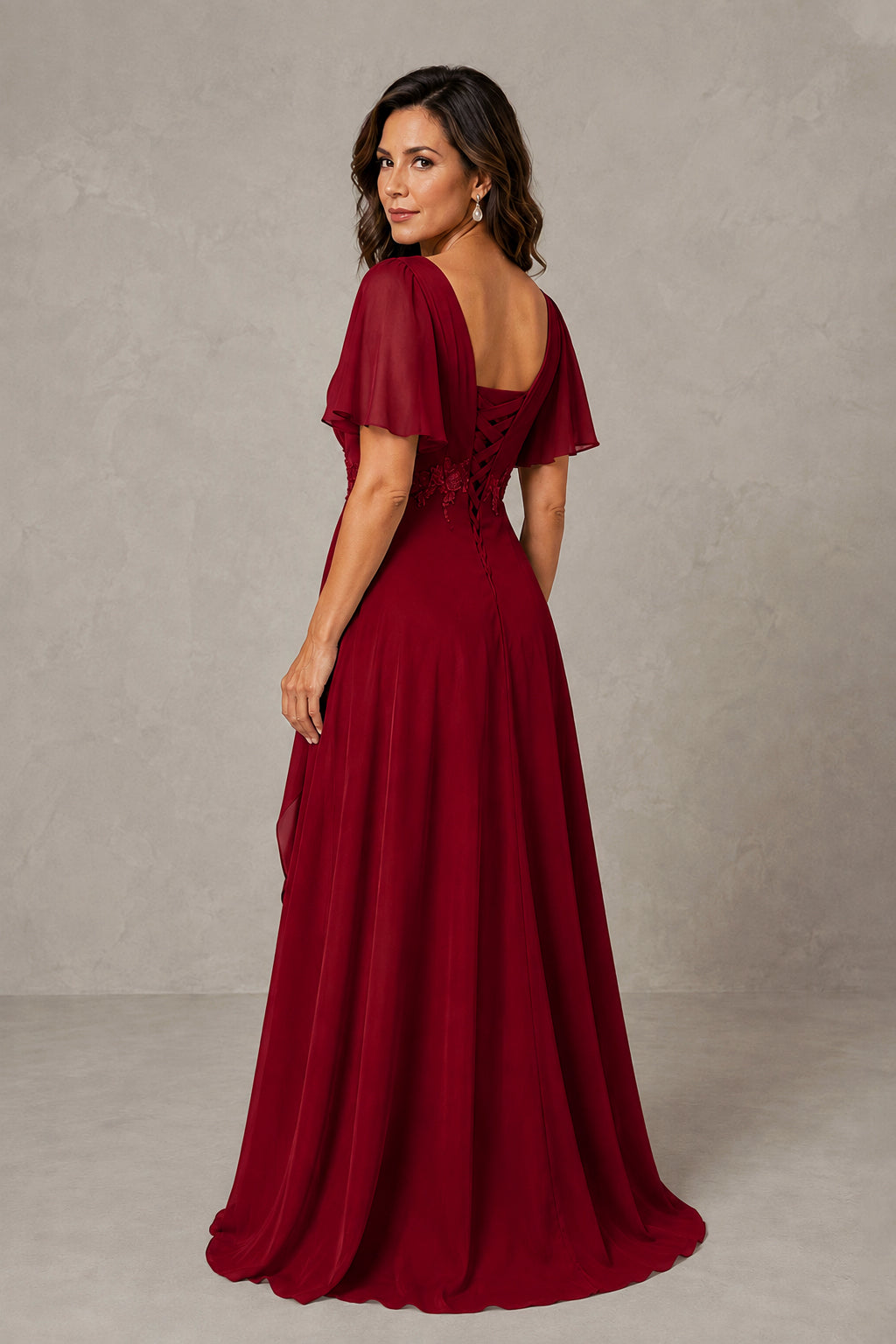 BOLODOO Burgundy Chiffon V-Neck Flutter Sleeve Floral Applique Cascade Ruffle Lace-Up Back A-Line Maxi Evening Dress - Burgundy