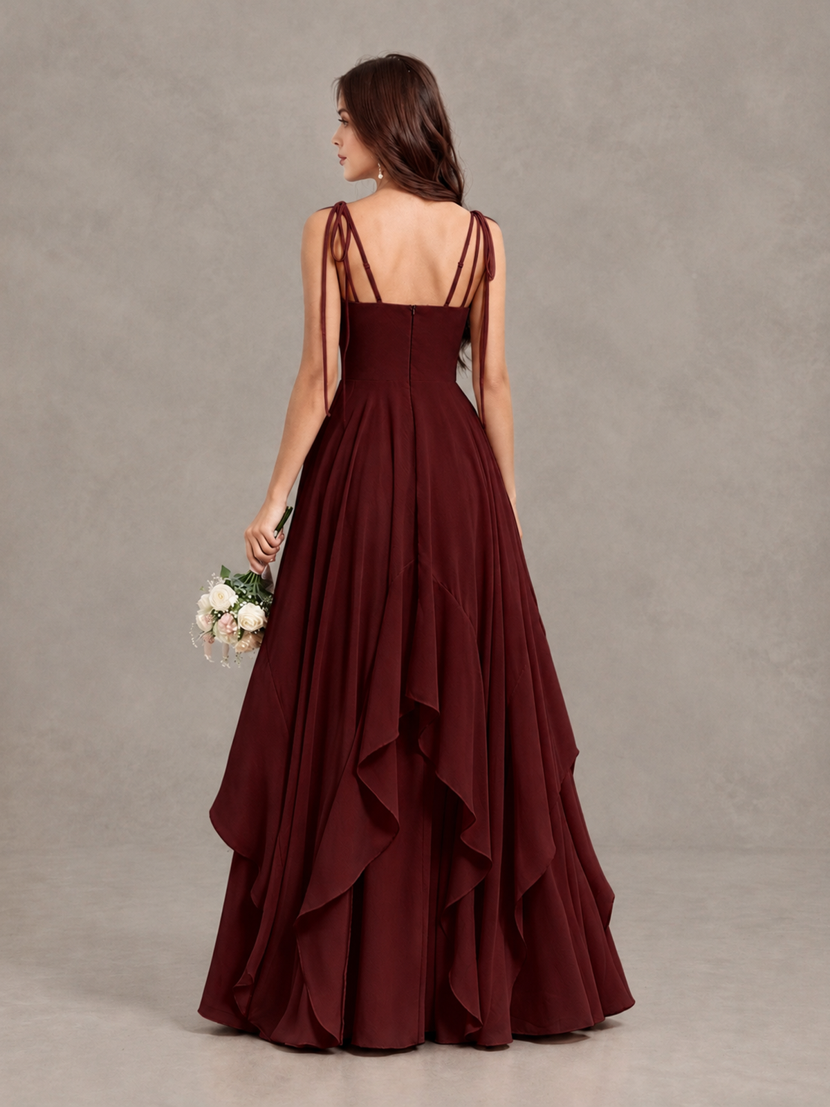 BOLODOO Burgundy Tie-Strap Ruffle A-Line Bridesmaid Dress - Burgundy - Burgundy_2