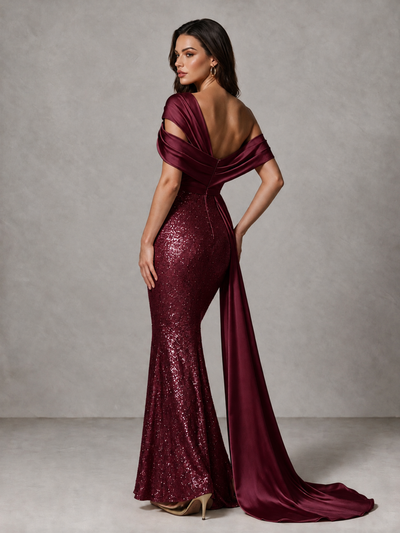 BOLODOO Burgundy Sequin Mermaid Evening Dress with Off-Shoulder Satin Drape and Sweep Train - Burgundy - Burgundy_2