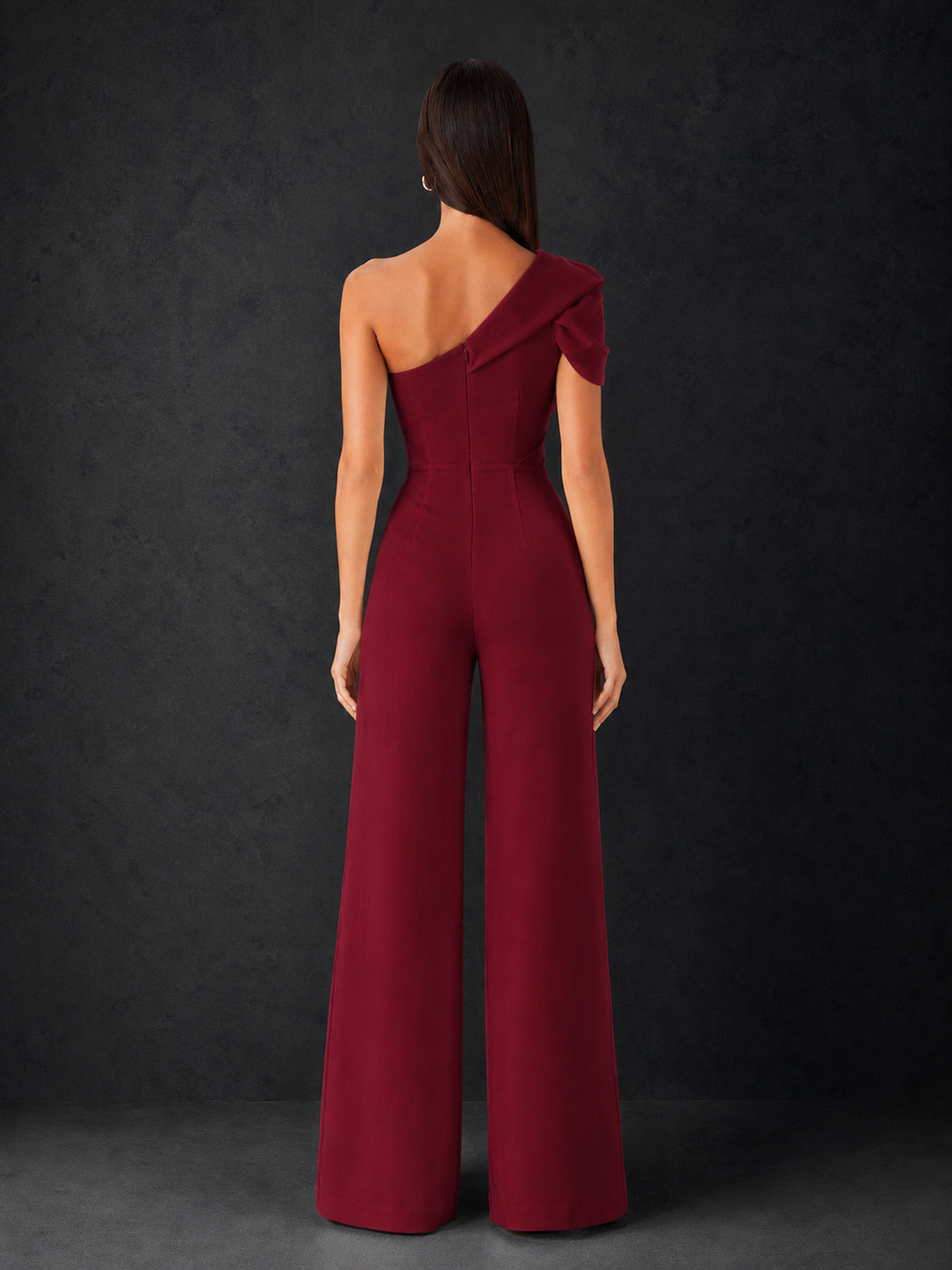 BOLODOO Burgundy One-Shoulder Puff Sleeve Wide-Leg Jumpsuit with Front Slit and Open Back - Burgundy