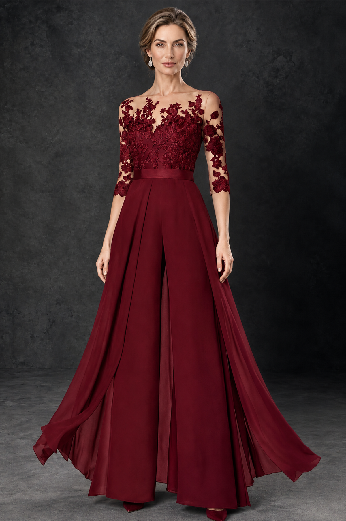 BOLODOO Burgundy Lace Wide-Leg Jumpsuit with Three-Quarter Sleeves - Burgundy - Burgundy_2