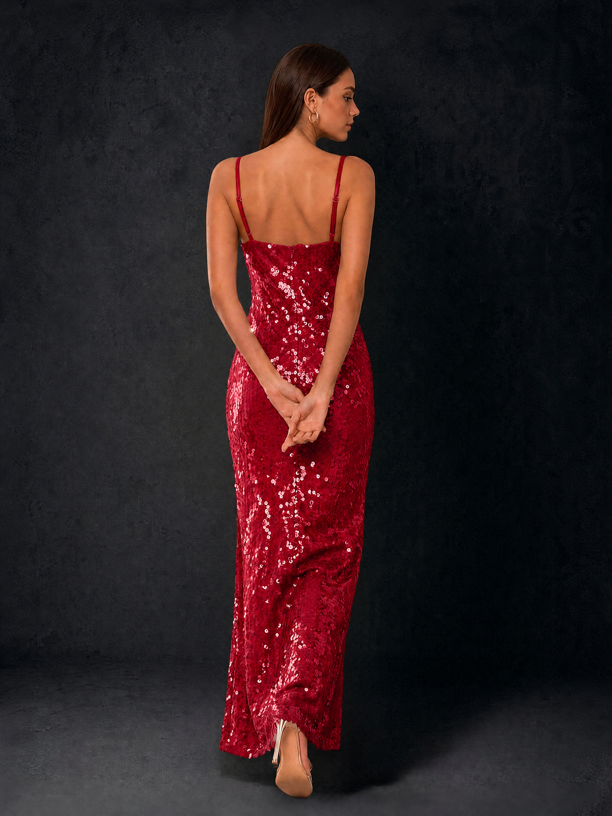 BOLODOO Bronze Sequin Cowl Neck Spaghetti Strap Mermaid Maxi Dress with Open Criss-Cross Back - Burgundy - Burgundy