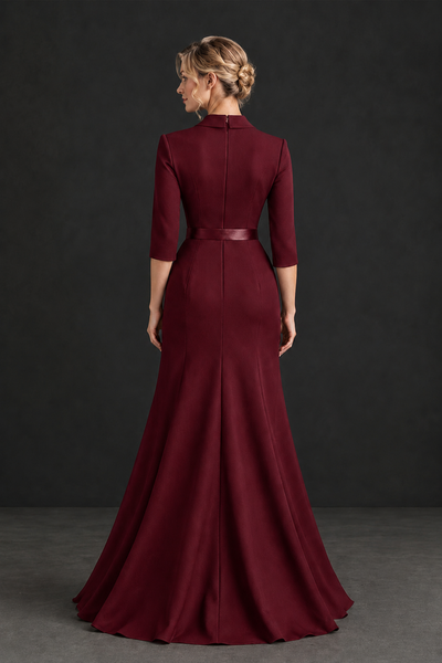 BOLODOO Burgundy Lapel Ruffle Mother of the Bride Dress with Belt - Burgundy - Burgundy_2