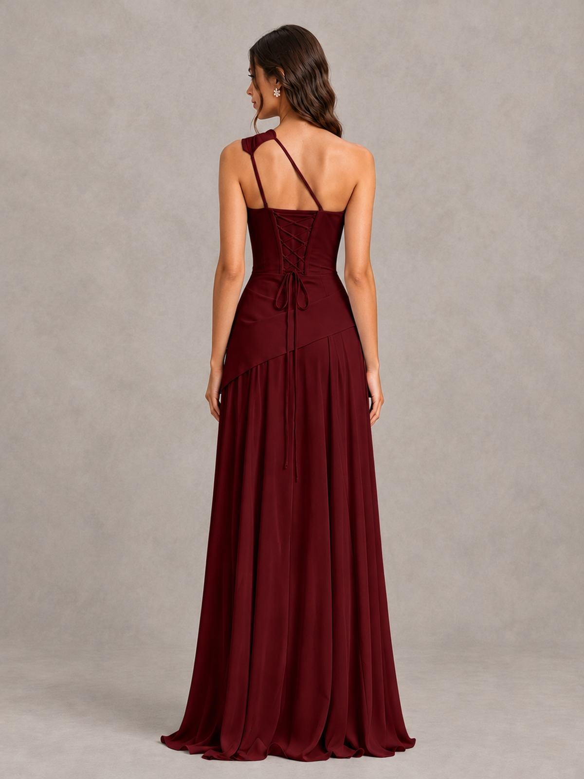 BOLODOO Burgundy One-Shoulder Lace-Up Back Bridesmaid Dress - Burgundy - Burgundy_2