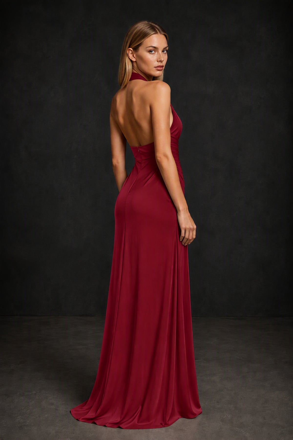 BOLODOO Burgundy Twisted Halter Neck Ruched Sleeveless Open Back Floor-Length Gown - Burgundy