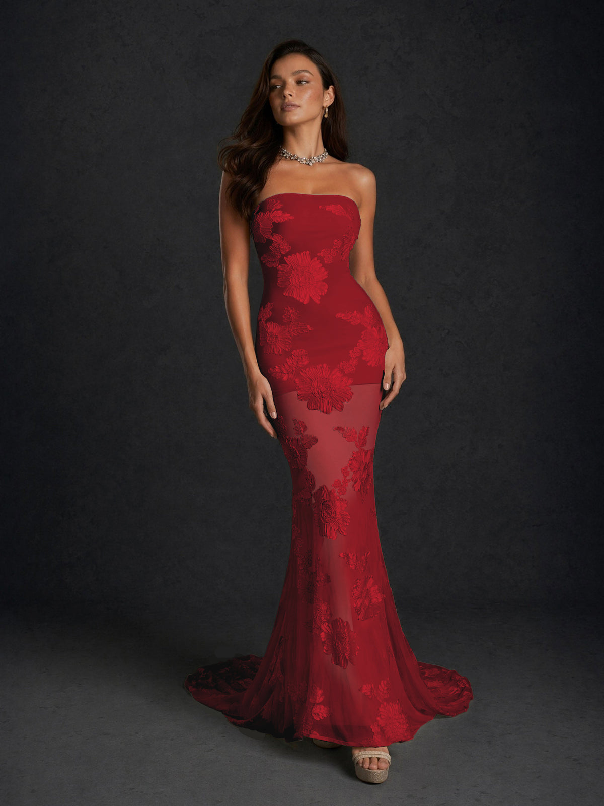 BOLODOO Burgundy Champagne Gold Floral Sequin Embroidered Mesh Strapless Open Back Mermaid Maxi Dress with Train - Burgundy