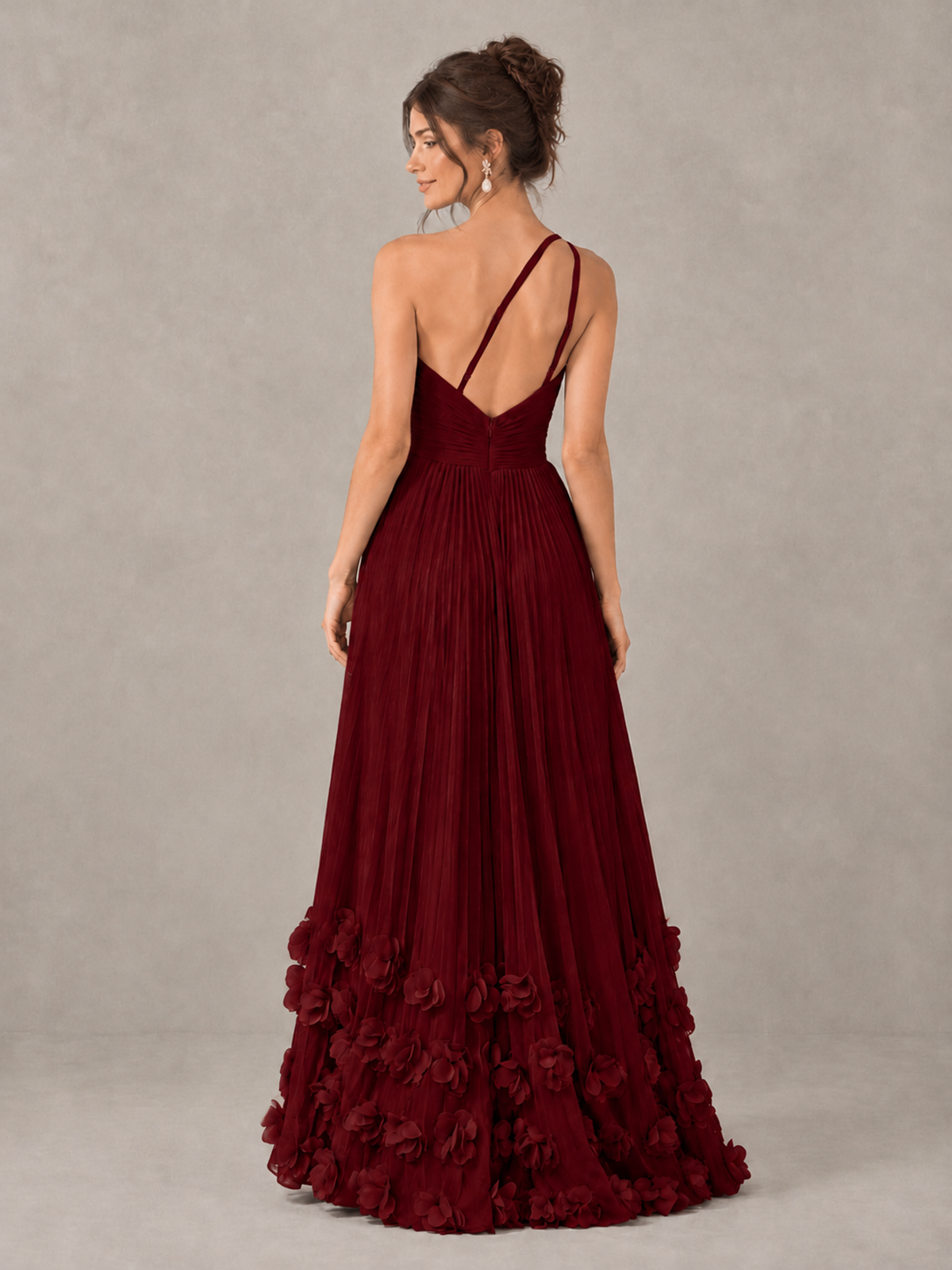 BOLODOO Burgundy One-Shoulder Pleated Bridesmaid Dress with 3D Floral Hem - Burgundy - Burgundy_2