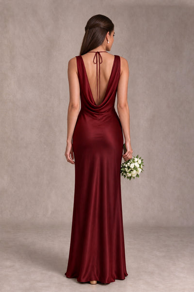 BOLODOO Burgundy Cowl Neck Open Back Satin Bridesmaid Dress - Burgundy - Burgundy_2