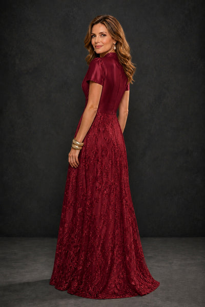 BOLODOO Burgundy Satin Wrap V-Neck Short Sleeve Lace Glitter A-Line Floor Length Evening Gown – Formal Dress - Burgundy