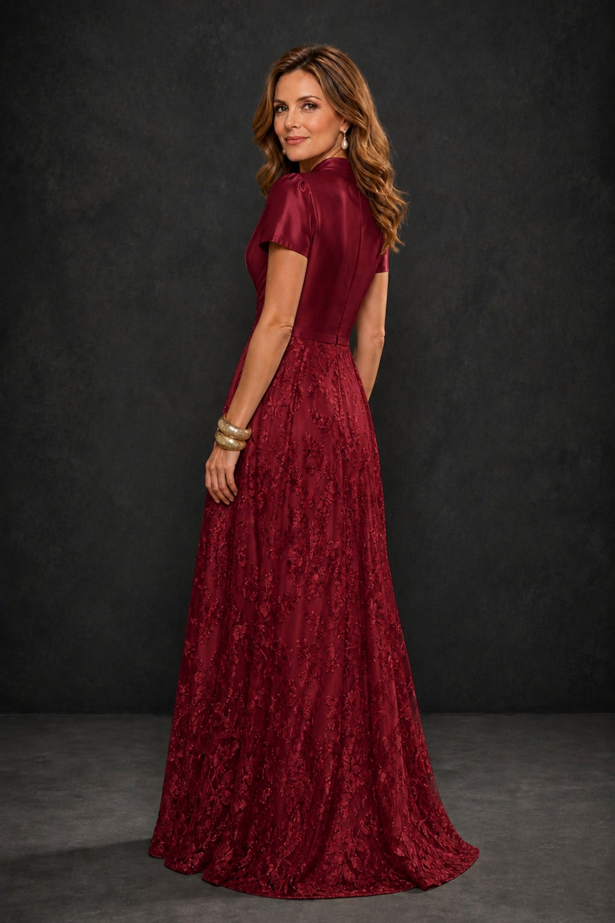BOLODOO Burgundy Satin Wrap V-Neck Short Sleeve Lace Glitter A-Line Floor Length Evening Gown – Formal Dress - Burgundy