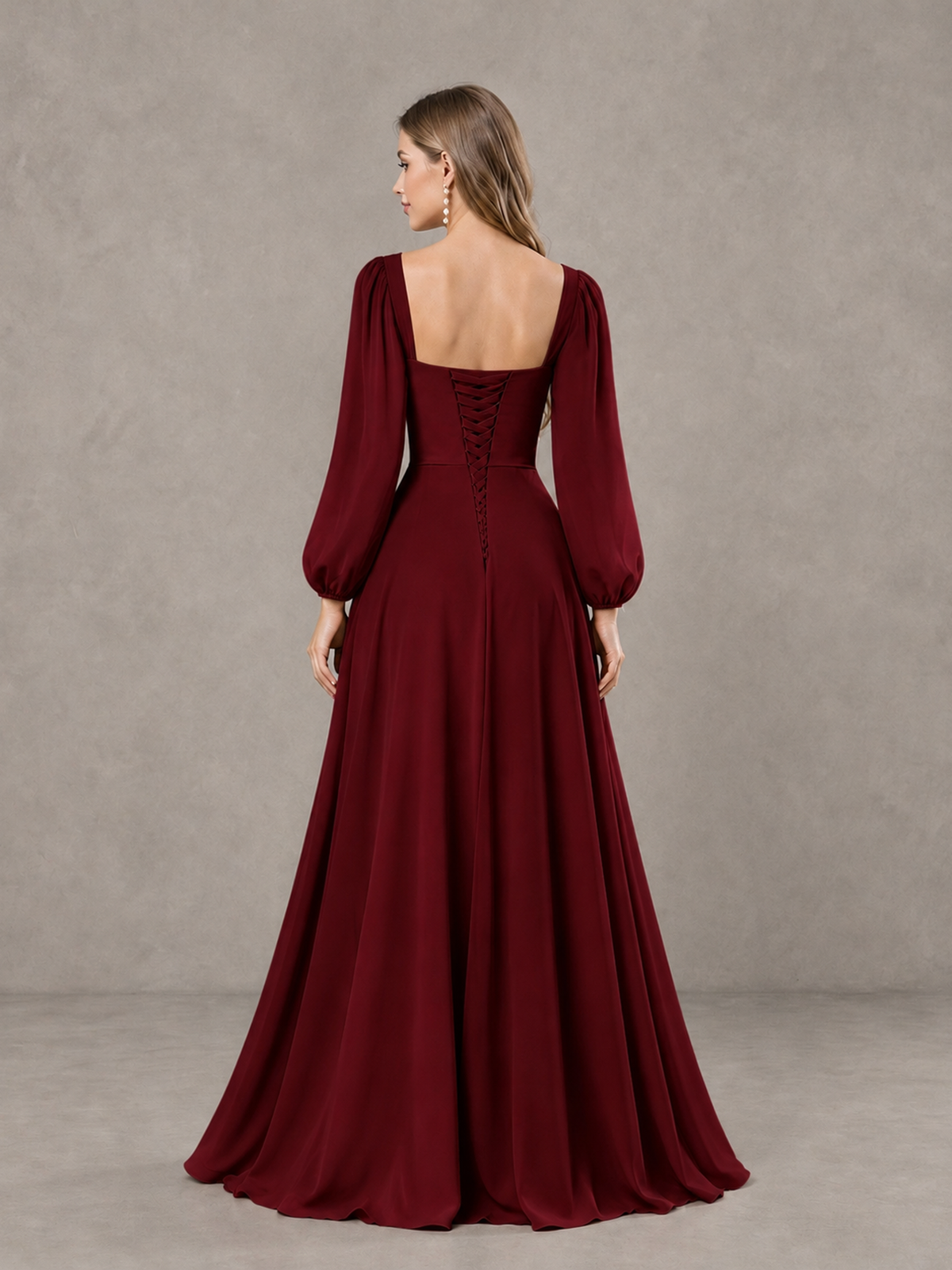 BOLODOO Burgundy Square Neck Long Sleeve Bridesmaid Dress with Ruffle Slit - Burgundy - Burgundy_2