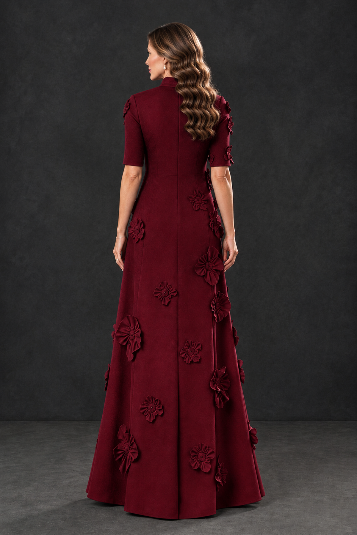 BOLODOO Burgundy Floral Applique High-Neck Half-Sleeve Gown - Burgundy - Burgundy_2