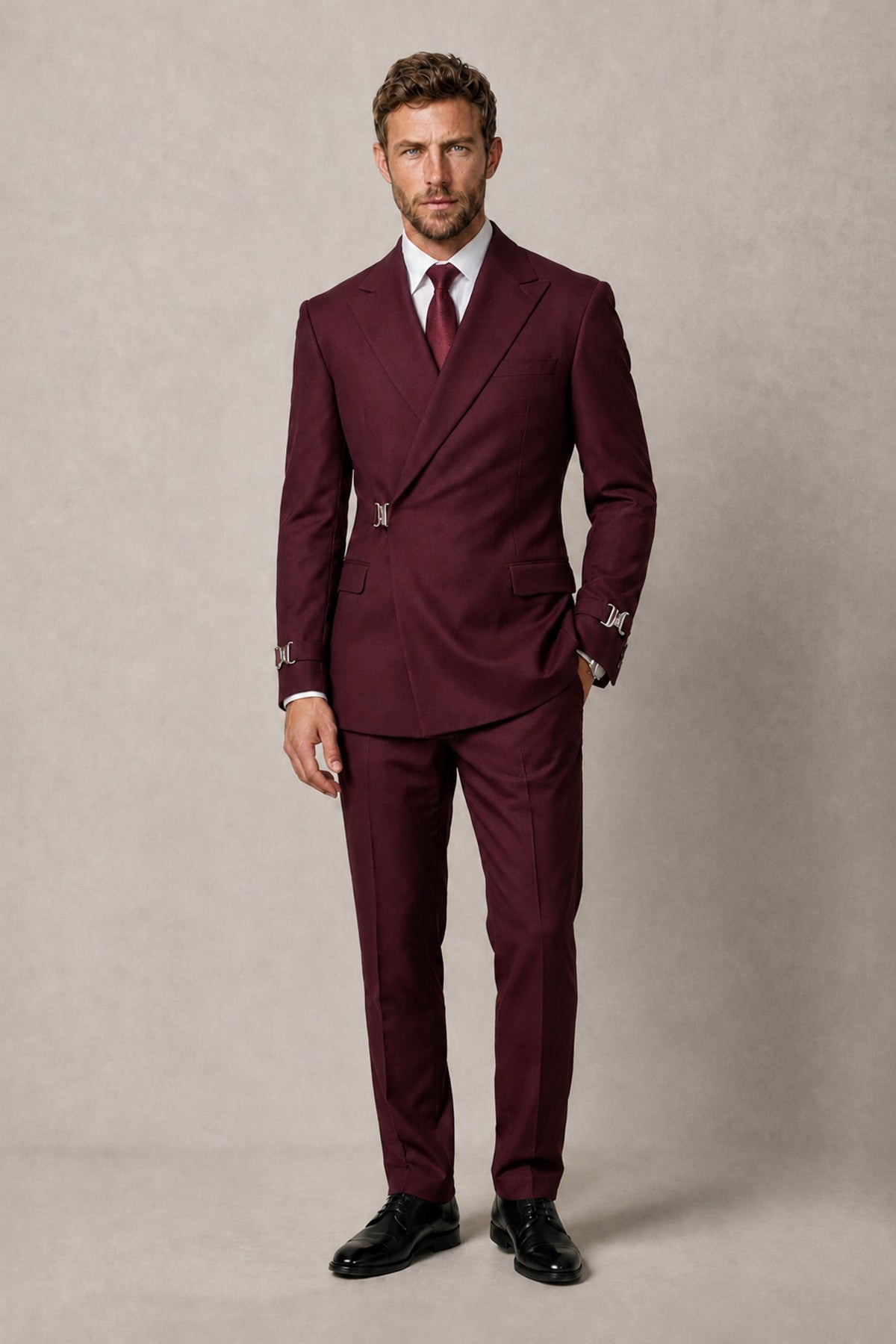 BOLODOO Men's Burgundy Double-Breasted 2-Piece Suit Set – Blazer & Tailored Trousers - Burgundy