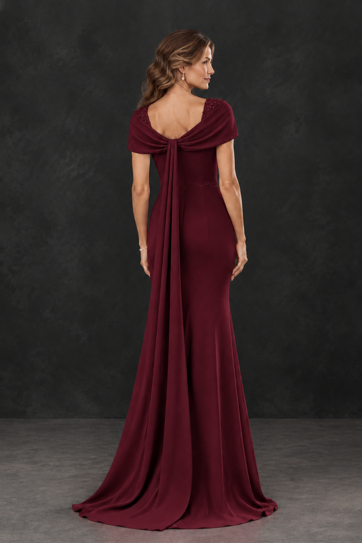 BOLODOO Burgundy Mother of the Bride Dress with Draped Cape Detail - Burgundy - Burgundy_2