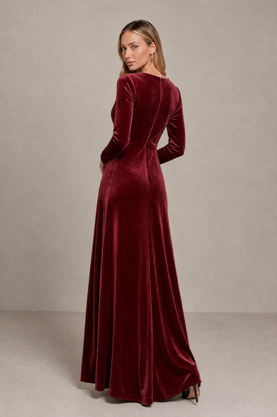 BOLODOO Burgundy Velvet Long Sleeve V-Neck Ruched Evening Dress - Burgundy - Burgundy_2