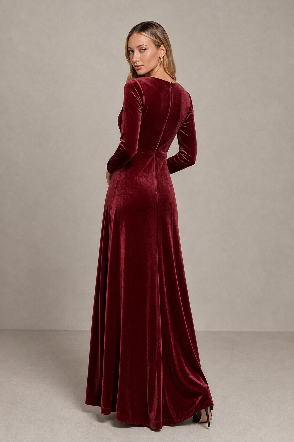 BOLODOO Burgundy Velvet Long Sleeve V-Neck Ruched Evening Dress - Burgundy - Burgundy_2