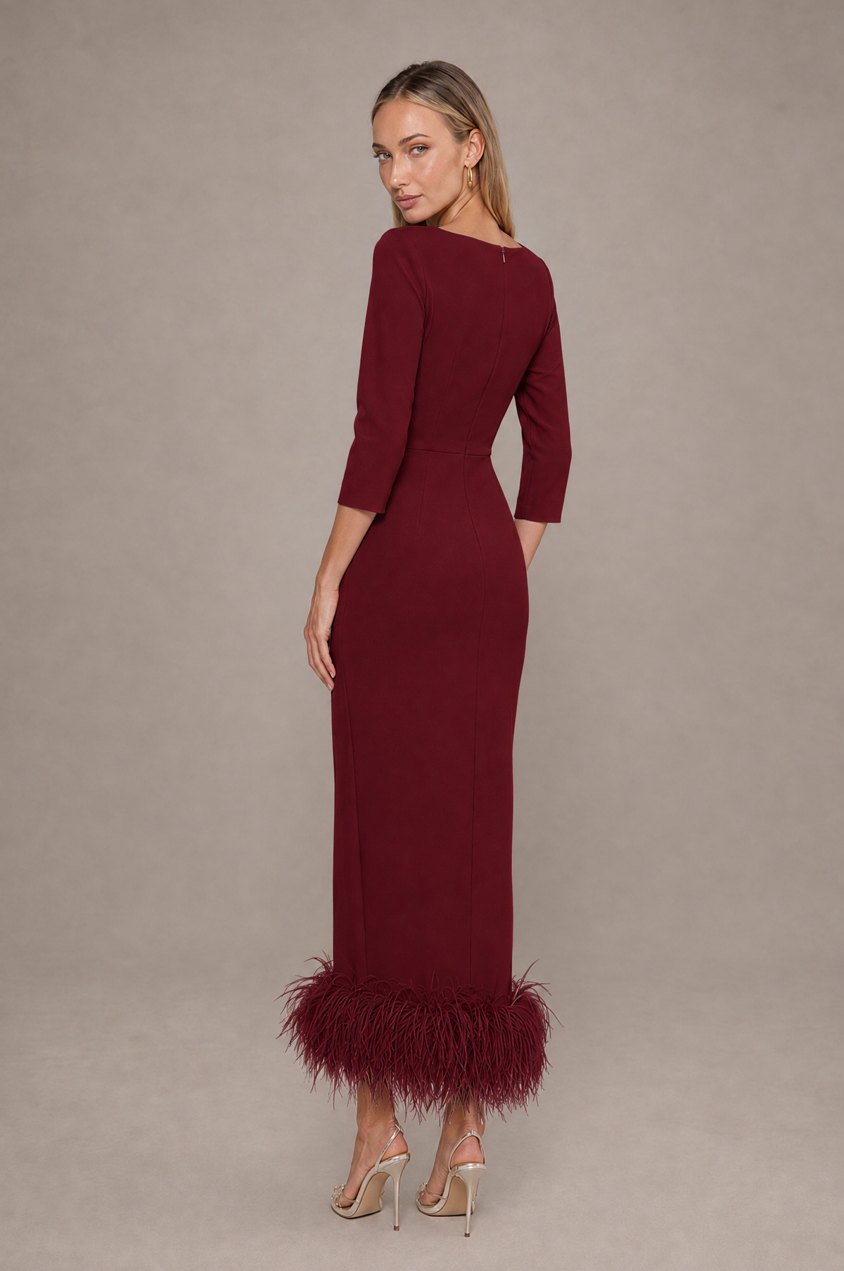 BOLODOO Burgundy Feather-Trim Twist-Waist Midi Dress - Burgundy - Burgundy_2