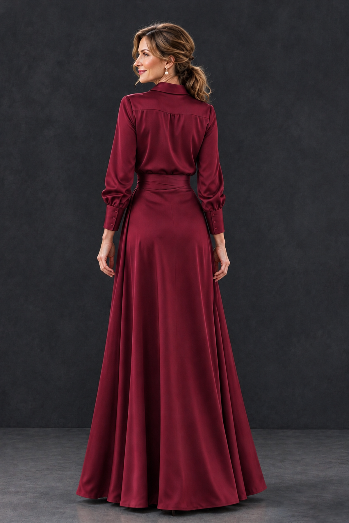 BOLODOO Burgundy Long Sleeve Satin-Look Lace Panel Gown - Burgundy - Burgundy_2